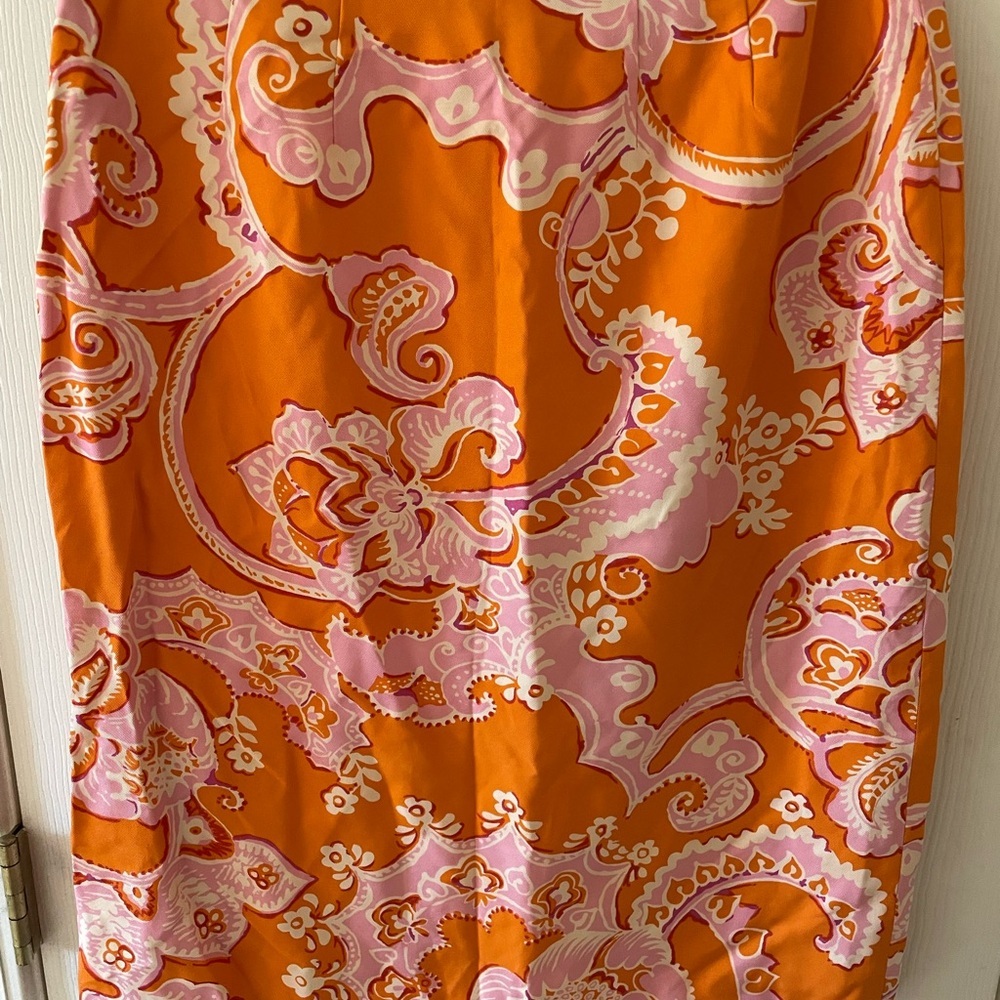Ann Taylor Silk Blend Paisley Skirt Size 4 Bright Orange Pink White